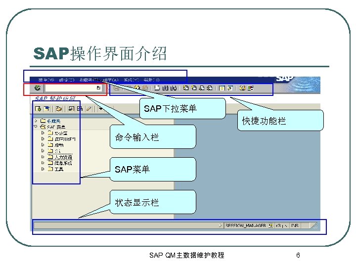 SAP操作界面介绍 SAP下拉菜单 快捷功能栏 命令输入栏 SAP菜单 状态显示栏 SAP QM主数据维护教程 6 