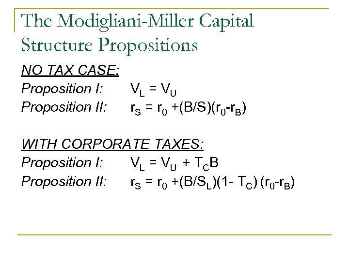 The Modigliani-Miller Capital Structure Propositions NO TAX CASE: Proposition I: VL = V U