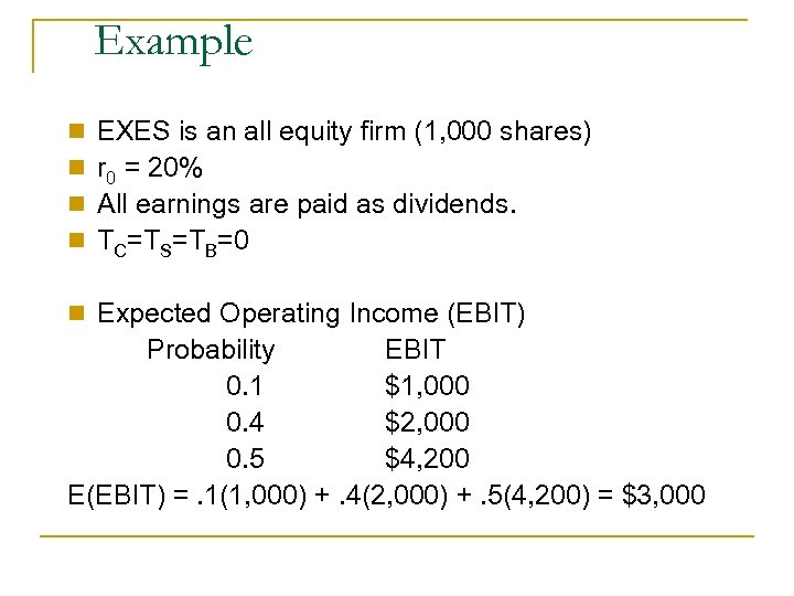 Example n n EXES is an all equity firm (1, 000 shares) r 0