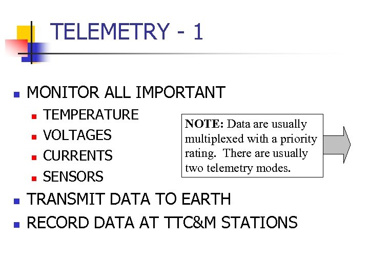 TELEMETRY - 1 n MONITOR ALL IMPORTANT n n n TEMPERATURE VOLTAGES CURRENTS SENSORS