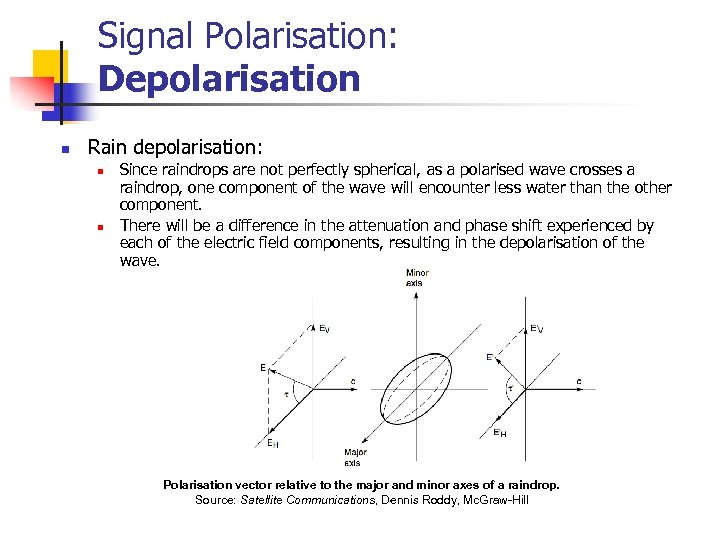 Signal Polarisation: Depolarisation n Rain depolarisation: n n Since raindrops are not perfectly spherical,