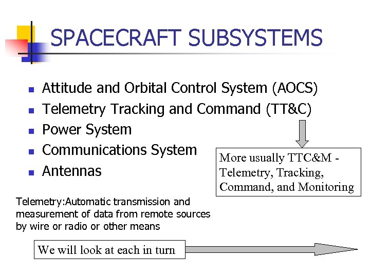 SPACECRAFT SUBSYSTEMS n n n Attitude and Orbital Control System (AOCS) Telemetry Tracking and