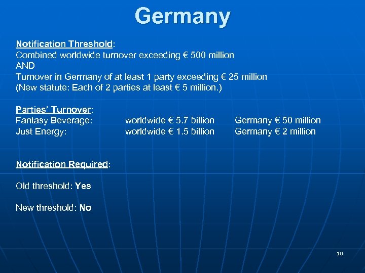 Germany Notification Threshold: Combined worldwide turnover exceeding € 500 million AND Turnover in Germany