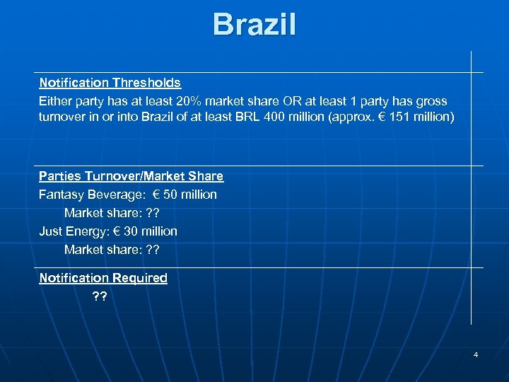 Brazil Notification Thresholds Either party has at least 20% market share OR at least