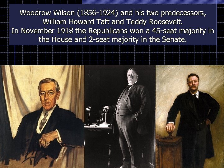 Woodrow Wilson (1856 -1924) and his two predecessors, William Howard Taft and Teddy Roosevelt.