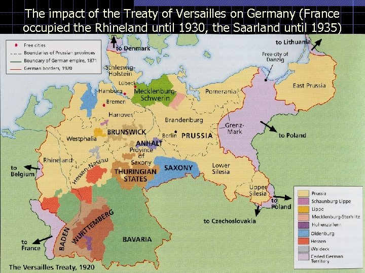 The impact of the Treaty of Versailles on Germany (France occupied the Rhineland until