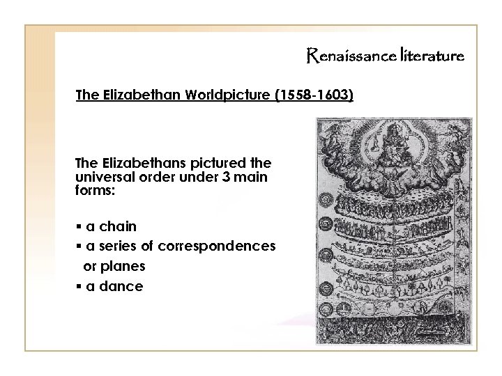 Renaissance literature The Elizabethan Worldpicture (1558 -1603) The Elizabethans pictured the universal order under