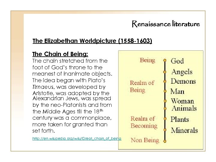 Renaissance literature The Elizabethan Worldpicture (1558 -1603) The Chain of Being: The chain stretched