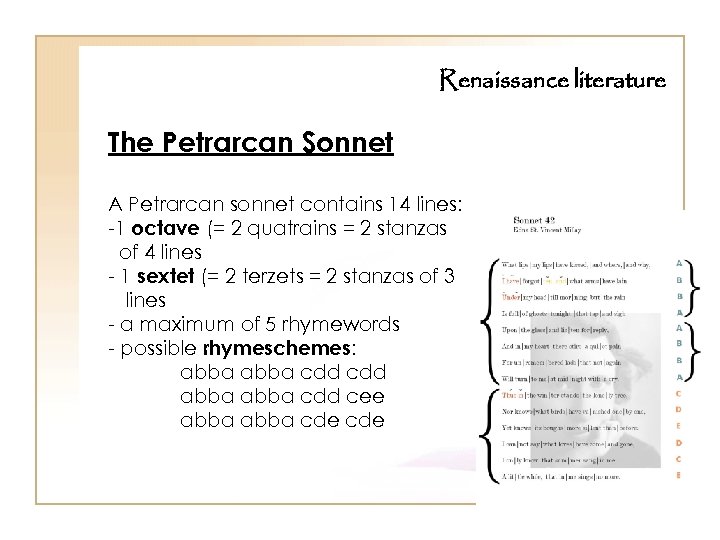 Renaissance literature The Petrarcan Sonnet A Petrarcan sonnet contains 14 lines: -1 octave (=