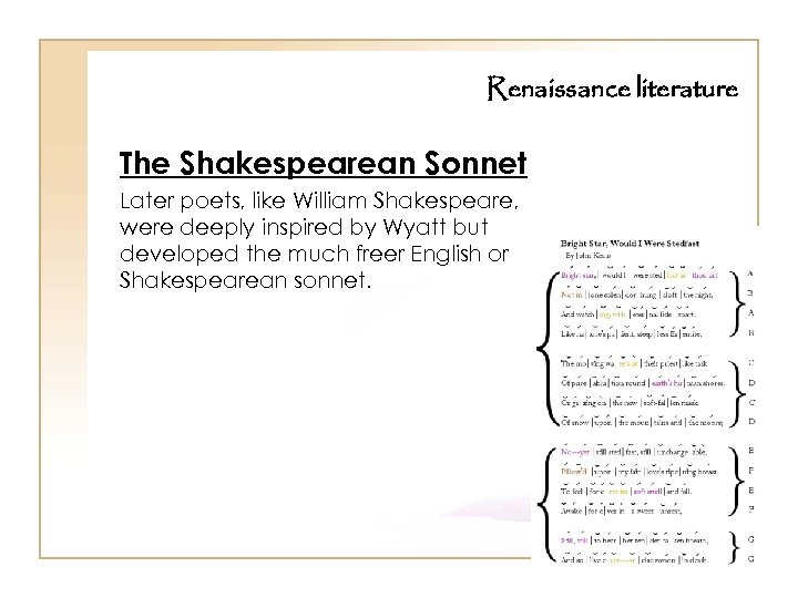 Renaissance literature The Shakespearean Sonnet Later poets, like William Shakespeare, were deeply inspired by