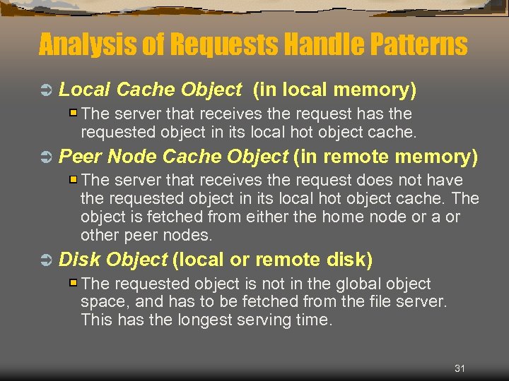 Analysis of Requests Handle Patterns Ü Local Cache Object (in local memory) The server