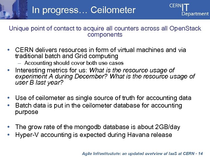 In progress… Ceilometer Unique point of contact to acquire all counters across all Open.