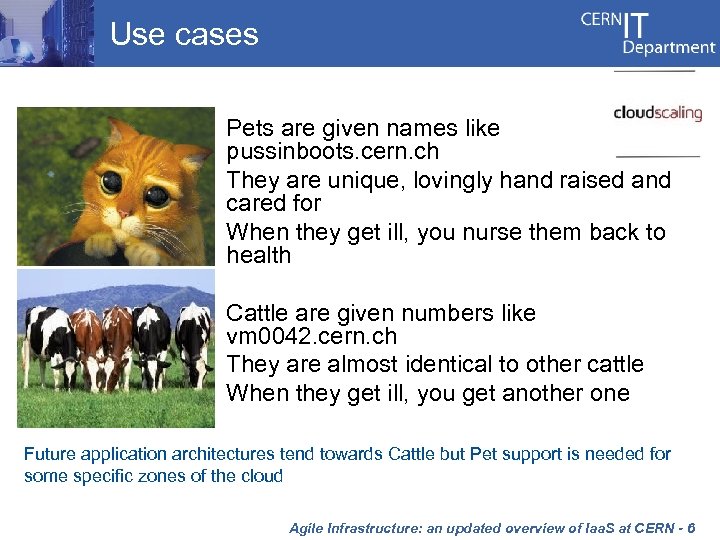 Use cases • Pets are given names like pussinboots. cern. ch • They are