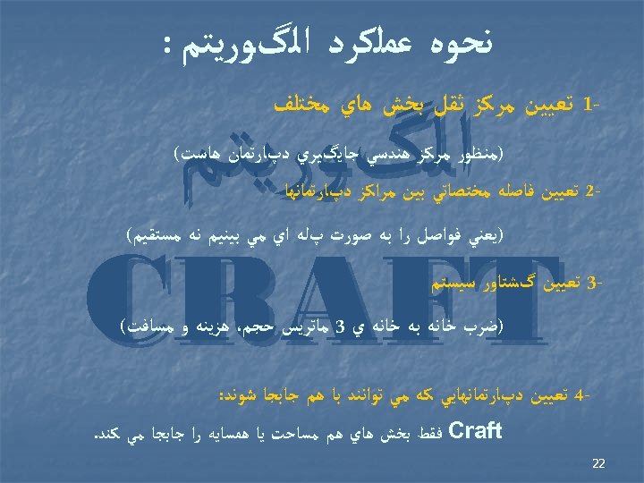  ﻧﺤﻮﻩ ﻋﻤﻠﻜﺮﺩ ﺍﻟگﻮﺭﻳﺘﻢ : ﺍﻟگﻮﺭﻳﺘﻢ CRAFT -1 ﺗﻌﻴﻴﻦ ﻣﺮﻛﺰ ﺛﻘﻞ ﺑﺨﺶ ﻫﺎﻱ ﻣﺨﺘﻠﻒ