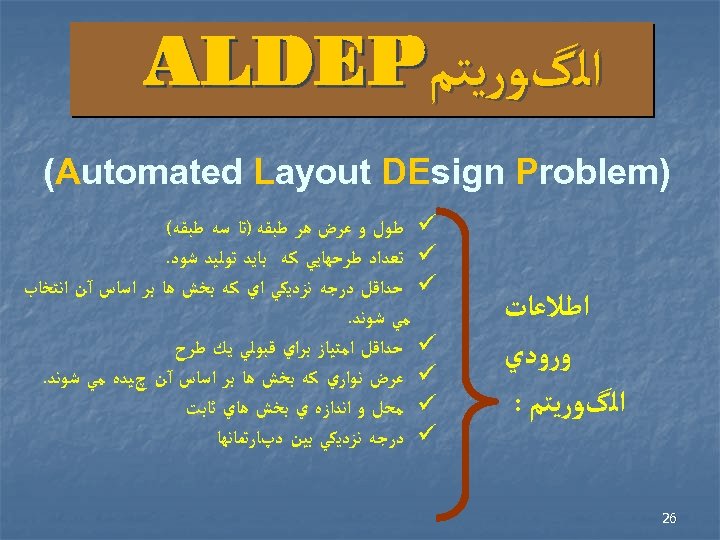  ﺍﻟگﻮﺭﻳﺘﻢ ALDEP ) (Automated Layout DEsign Problem ﺍﻃﻼﻋﺎﺕ ﻭﺭﻭﺩﻱ ﺍﻟگﻮﺭﻳﺘﻢ : 62 ü
