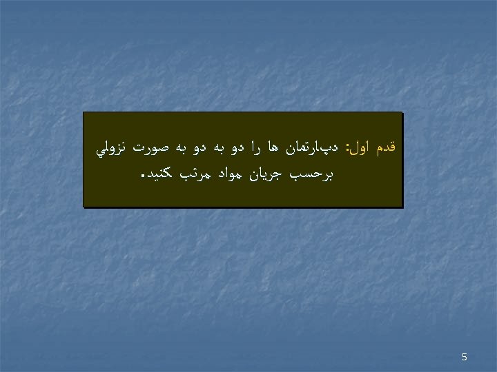  ﻗﺪﻡ ﺍﻭﻝ: ﺩپﺎﺭﺗﻤﺎﻥ ﻫﺎ ﺭﺍ ﺩﻭ ﺑﻪ ﺻﻮﺭﺕ ﻧﺰﻭﻟﻲ ﺑﺮﺣﺴﺐ ﺟﺮﻳﺎﻥ ﻣﻮﺍﺩ ﻣﺮﺗﺐ