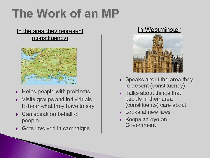 The Work of an MP In Westminster In the area they represent (constituency) Helps