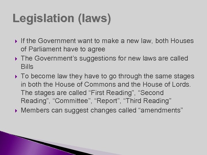 Legislation (laws) If the Government want to make a new law, both Houses of