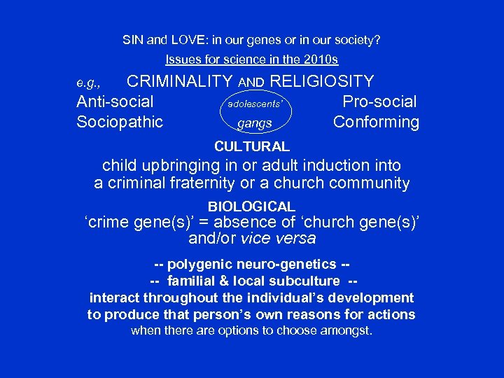 SIN and LOVE: in our genes or in our society? Issues for science in