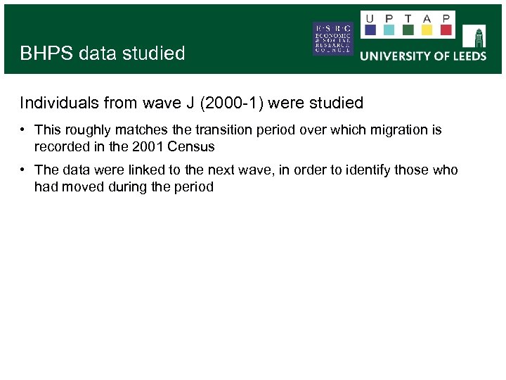 BHPS data studied Individuals from wave J (2000 -1) were studied • This roughly