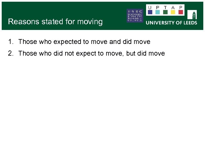 Reasons stated for moving 1. Those who expected to move and did move 2.