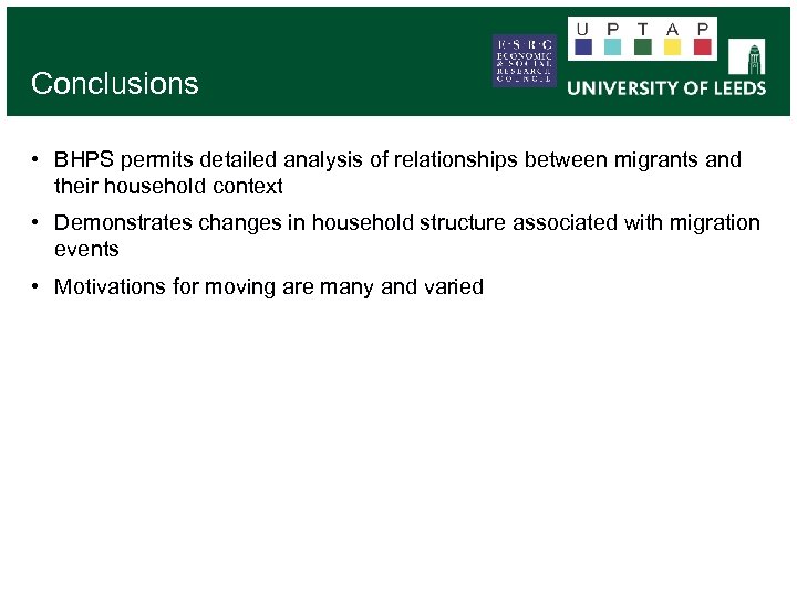 Conclusions • BHPS permits detailed analysis of relationships between migrants and their household context