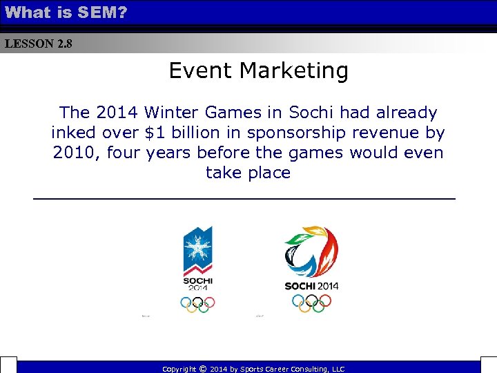 What is SEM? LESSON 2. 8 Event Marketing The 2014 Winter Games in Sochi