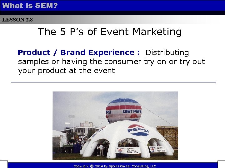 What is SEM? LESSON 2. 8 The 5 P’s of Event Marketing Product /