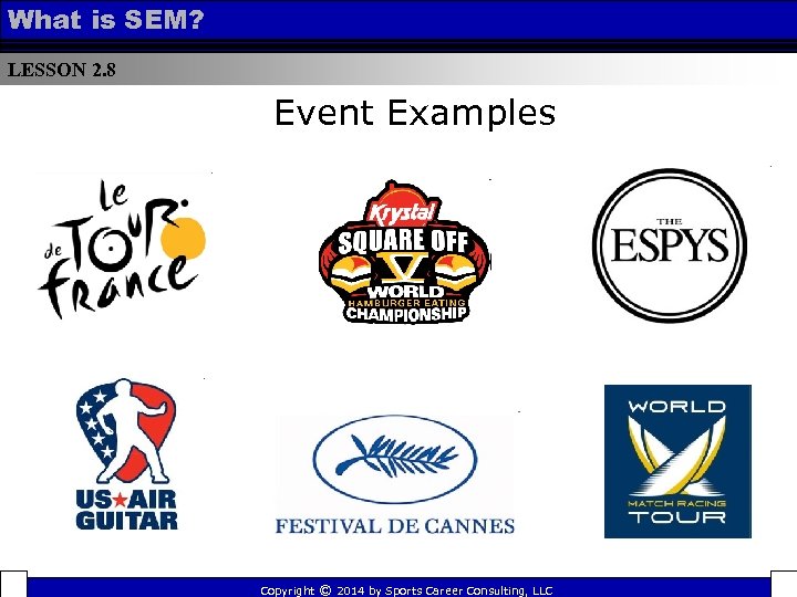 What is SEM? LESSON 2. 8 Event Examples Copyright © 2014 by Sports Career