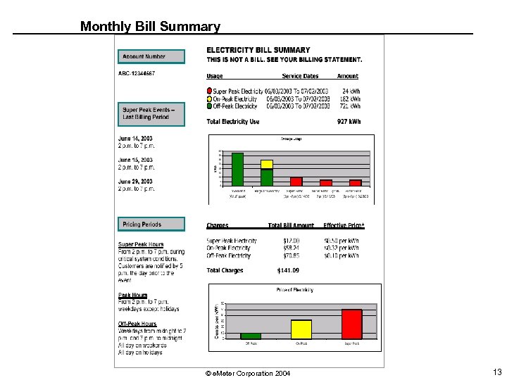 Monthly Bill Summary © e. Meter Corporation 2004 13 