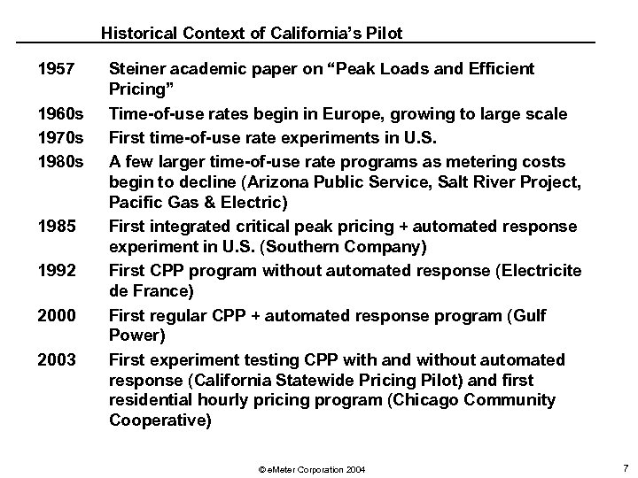 Historical Context of California’s Pilot 1957 1960 s 1970 s 1985 1992 2000 2003