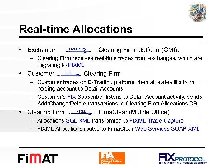 Real-time Allocations • Exchange FIXML/TRX Clearing Firm platform (GMI): – Clearing Firm receives real-time
