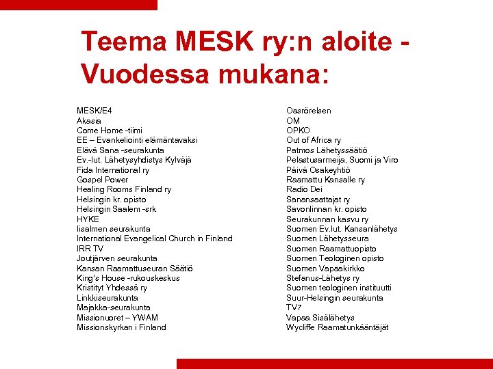 Teema MESK ry: n aloite Vuodessa mukana: MESK/E 4 Akasia Come Home -tiimi EE