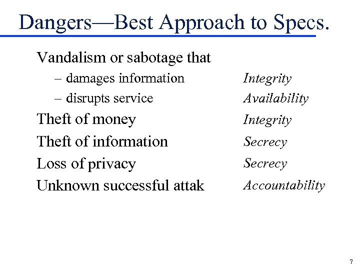 Dangers—Best Approach to Specs. Vandalism or sabotage that – damages information – disrupts service