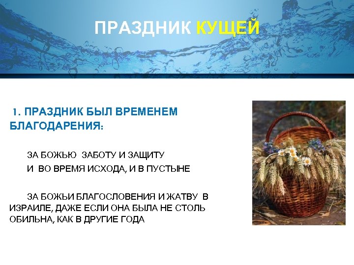 ПРАЗДНИК КУЩЕЙ 1. ПРАЗДНИК БЫЛ ВРЕМЕНЕМ БЛАГОДАРЕНИЯ: ЗА БОЖЬЮ ЗАБОТУ И ЗАЩИТУ И ВО