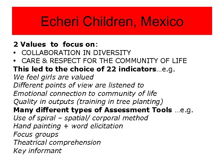 Echeri Children, Mexico 2 Values to focus on: • COLLABORATION IN DIVERSITY • CARE
