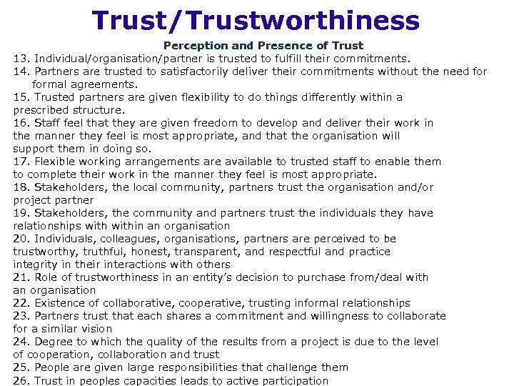 Trust/Trustworthiness Perception and Presence of Trust 13. Individual/organisation/partner is trusted to fulfill their commitments.