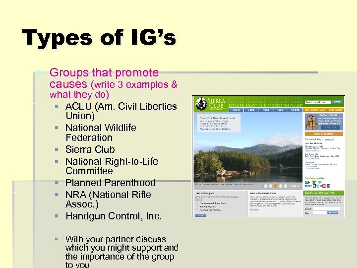 Types of IG’s § Groups that promote causes (write 3 examples & what they