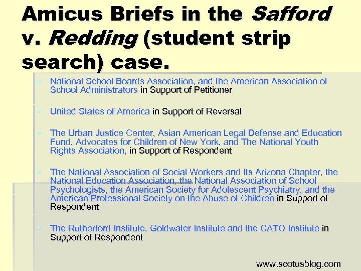 Amicus Briefs in the Safford v. Redding (student strip search) case. § National School