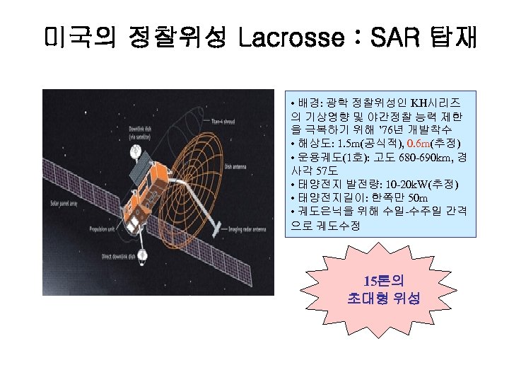 미국의 정찰위성 Lacrosse : SAR 탑재 • 배경: 광학 정찰위성인 KH시리즈 의 기상영향 및