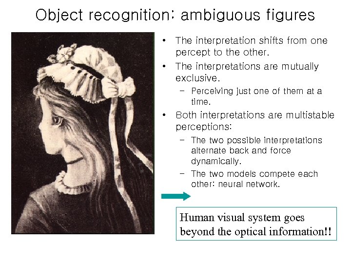 Object recognition: ambiguous figures • The interpretation shifts from one percept to the other.