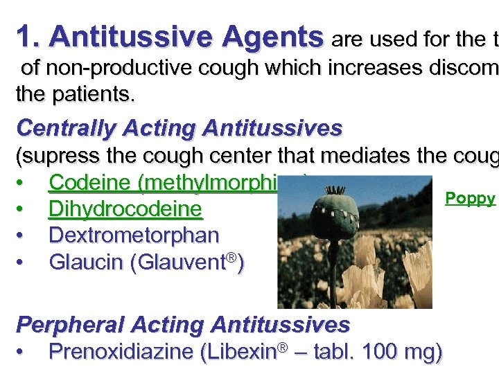 1. Antitussive Agents are used for the tr t of non-productive cough which increases