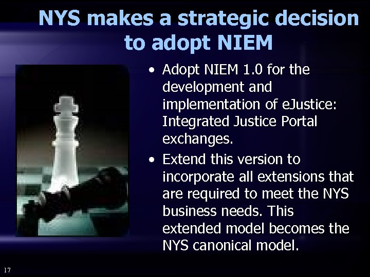 NYS makes a strategic decision to adopt NIEM • Adopt NIEM 1. 0 for