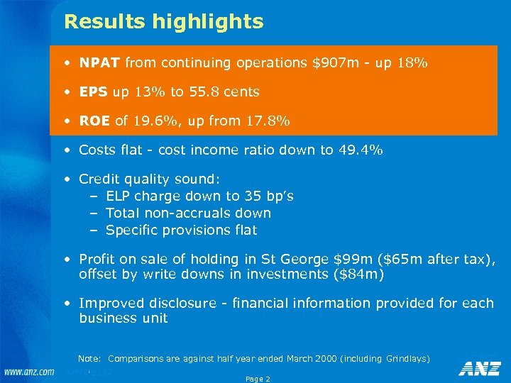 Results highlights • NPAT from continuing operations $907 m - up 18% • EPS