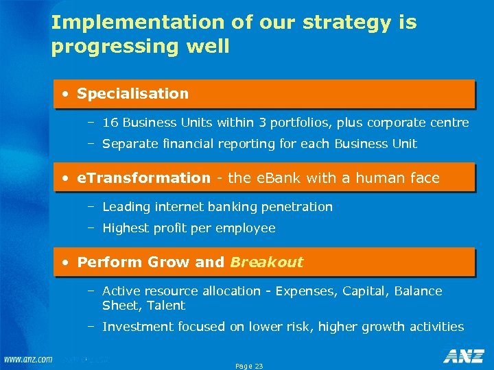 Implementation of our strategy is progressing well • Specialisation – 16 Business Units within