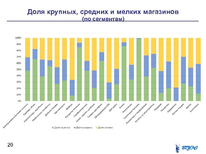 Доля крупных, средних и мелких магазинов (по сегментам) 20 