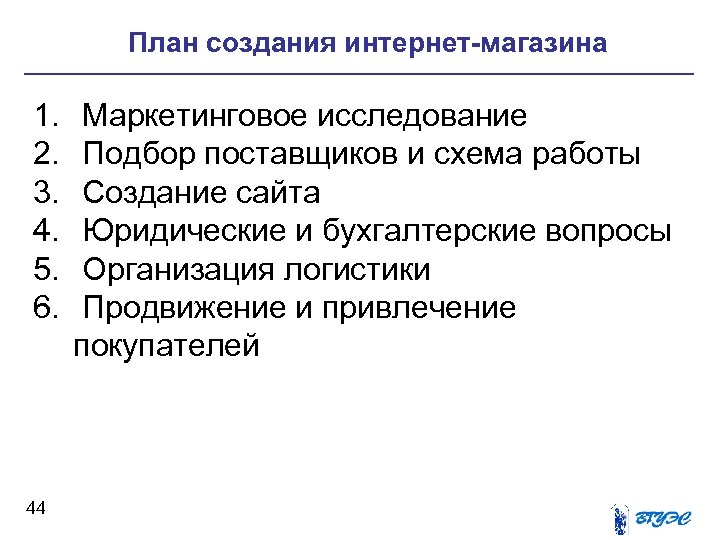 План создания интернет-магазина 1. 2. 3. 4. 5. 6. 44 Маркетинговое исследование Подбор поставщиков
