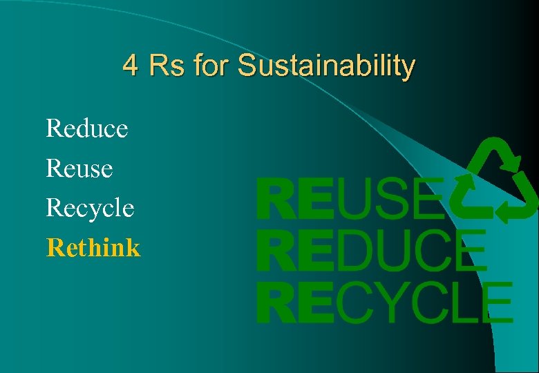 4 Rs for Sustainability Reduce Reuse Recycle Rethink 