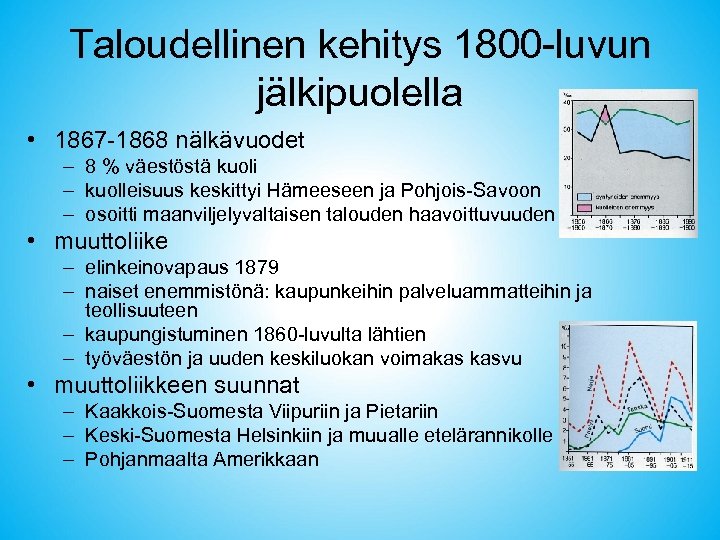 Taloudellinen kehitys 1800 -luvun jälkipuolella • 1867 -1868 nälkävuodet – 8 % väestöstä kuoli