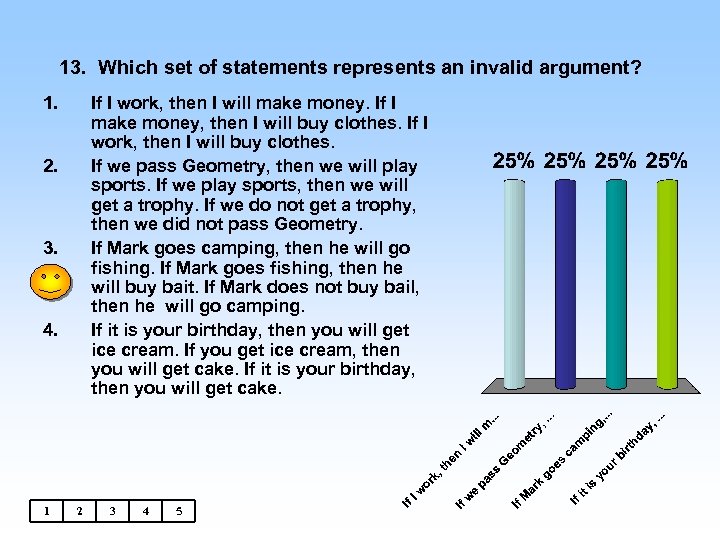 13. Which set of statements represents an invalid argument? 1. If I work, then